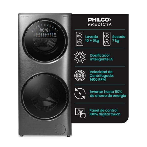 Torre De Lavado Inverter Lavasecarropas Carga Frontal 15kg/7kg Dark Gray