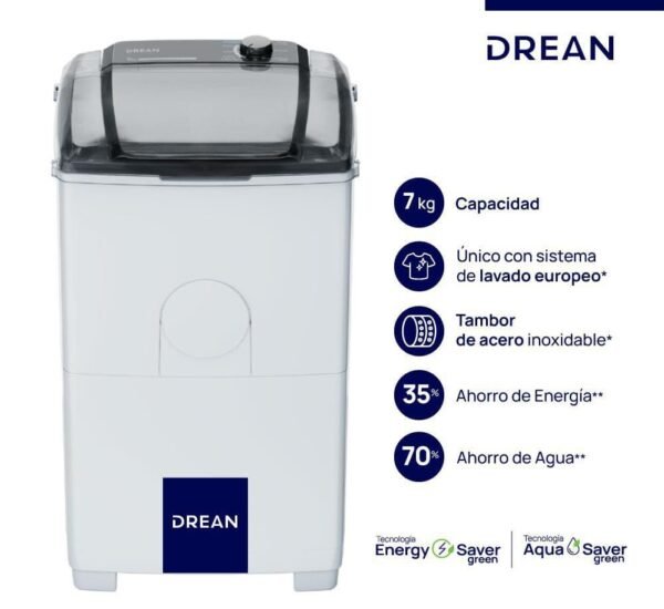 Lavarropas Semiautomático Drean Family 7 Max – 7 kg, Carga Superior, 9 Programas, Tambor de Acero Inoxidable