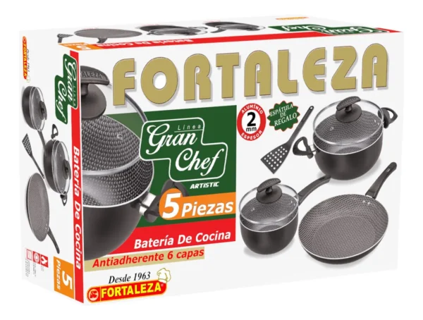 Batería de Cocina 5 Piezas Gran Chef con Espátula de Regalo – Aluminio Fundido, Teflón Antiadherente, Mango Acero Inoxidable